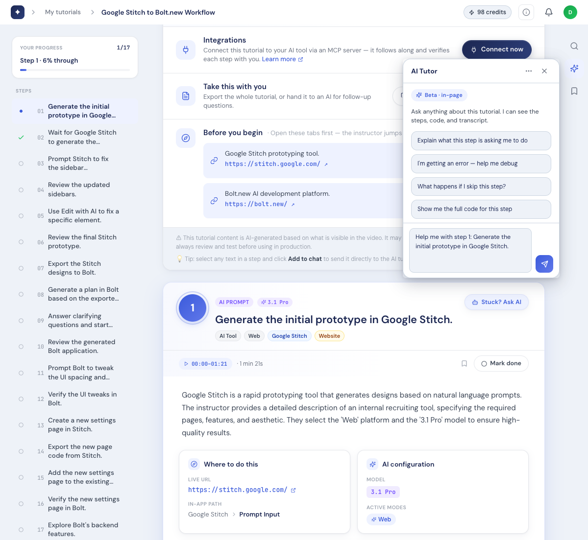 The AI Tutor panel open over a tutorial step, with suggested questions about the current step.