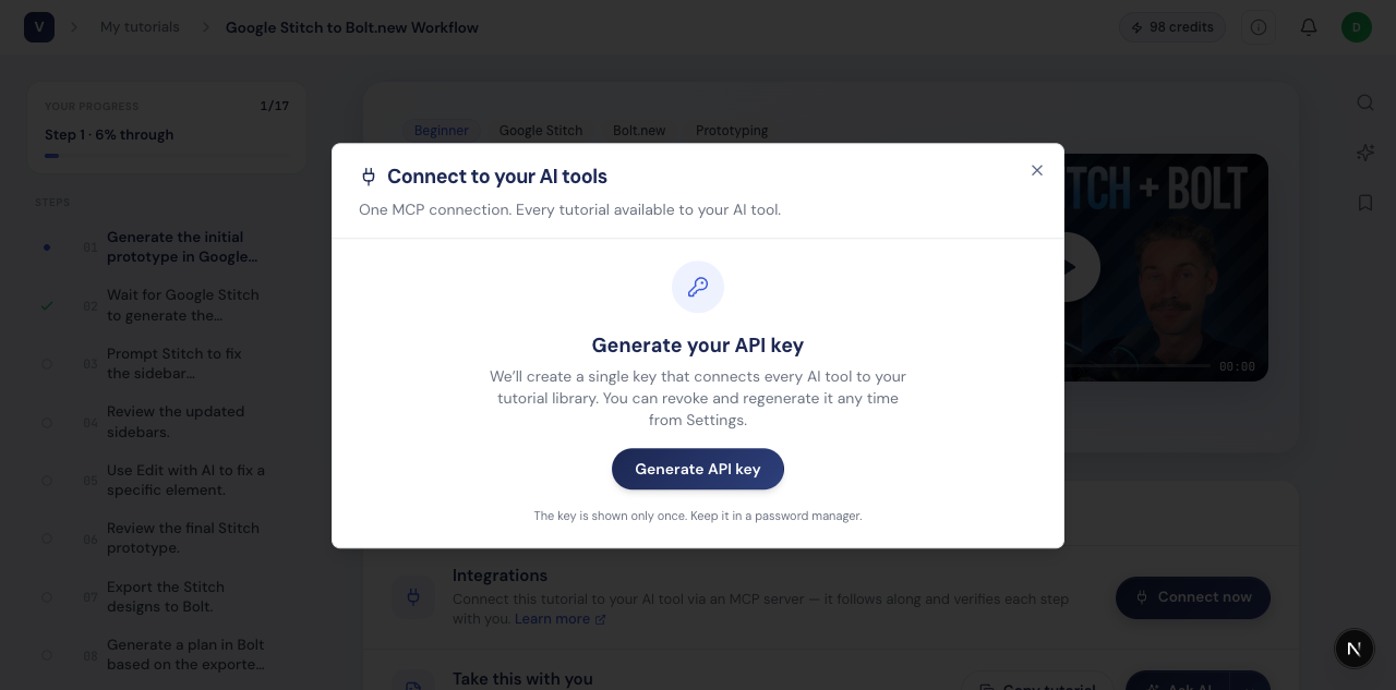 The 'Connect to your AI tools' dialog: one MCP connection makes every tutorial available to your AI tool.
