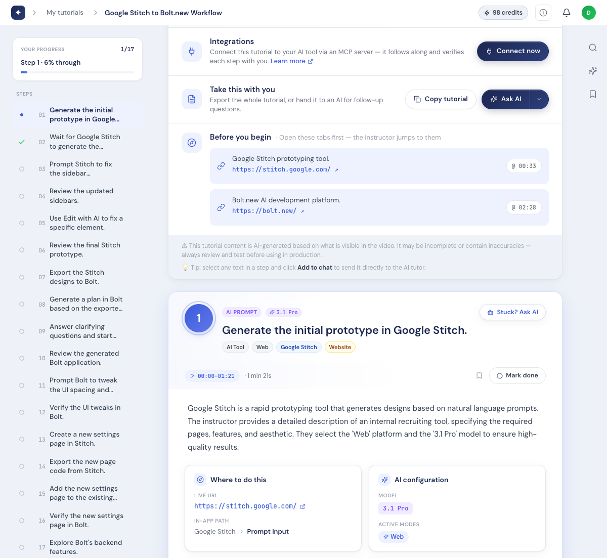 The Tuvio reader: step list with progress on the left; MCP connect, before-you-begin links and step 1 with its AI prompt on the right.