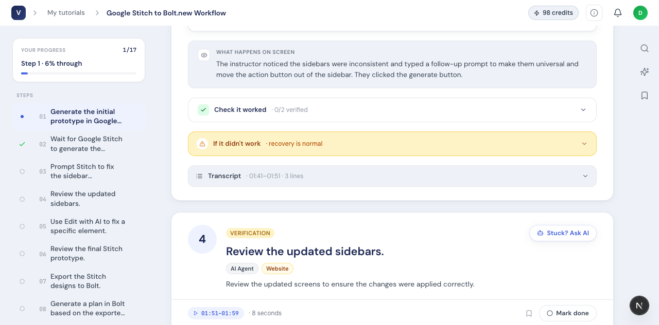 A step with a 'Check it worked' verification and an 'If it didn't work' recovery note.