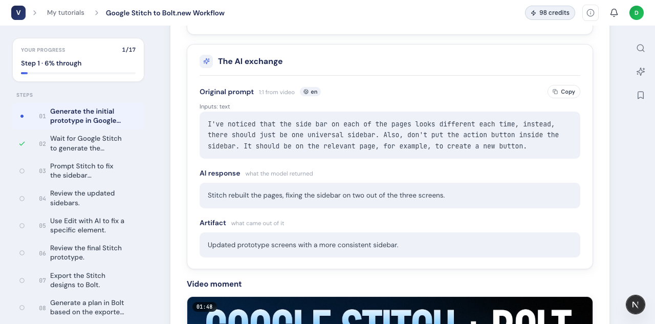 A tutorial step showing the verbatim prompt with a copy button, the AI response, and the resulting artifact.